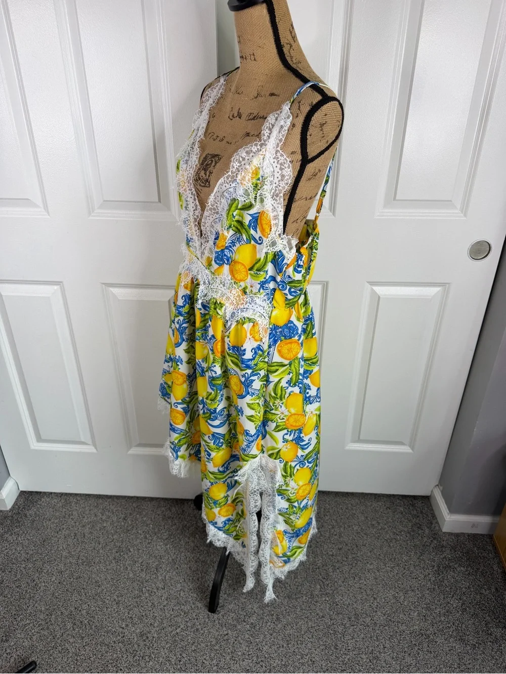 Boutique Lemon Print Lace Midi Dress XL Mediterranean Summer Cottagecore NWOT